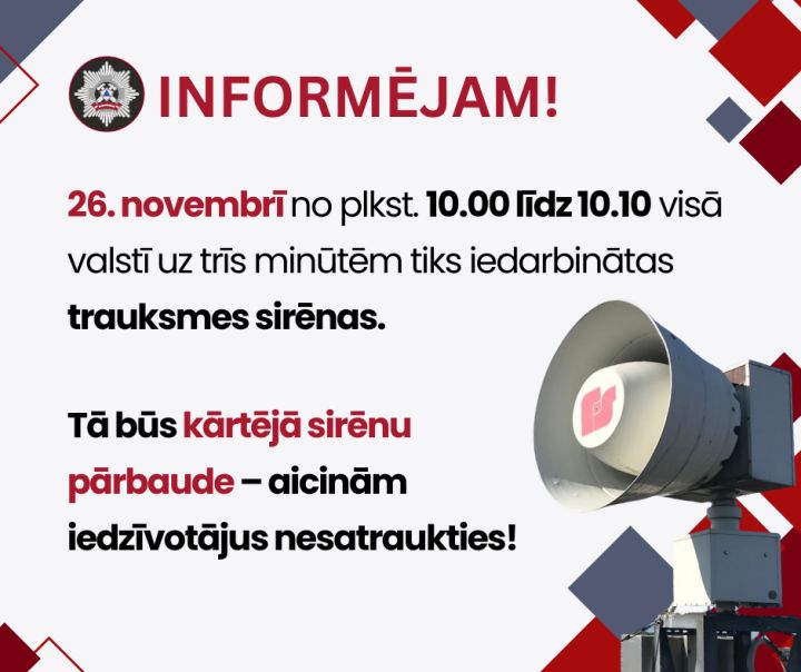 26.novembrī visā valstī tiks iedarbinātas trauksmes sirēnas