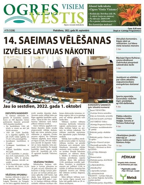 Laikraksta "Ogres Vēstis Visiem" 30. septembra numurā: